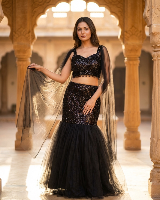 Black tulle skirt with sequin blouse modern Chandni Chowk style outfit