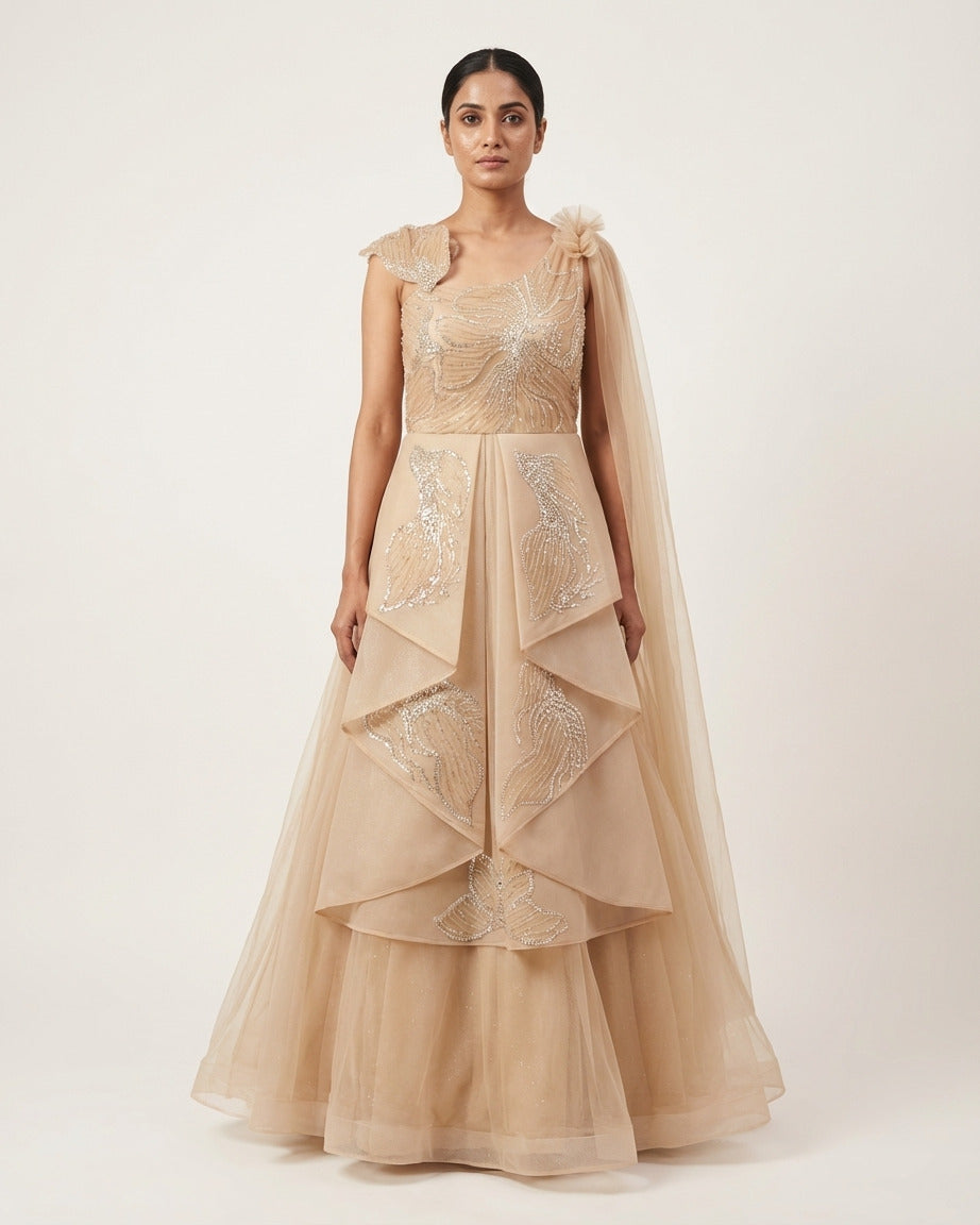 Golden net gown with katdana, pearl and sequin work, designer party wear gown from Chandni Chowk collection by Dilli 6 Online