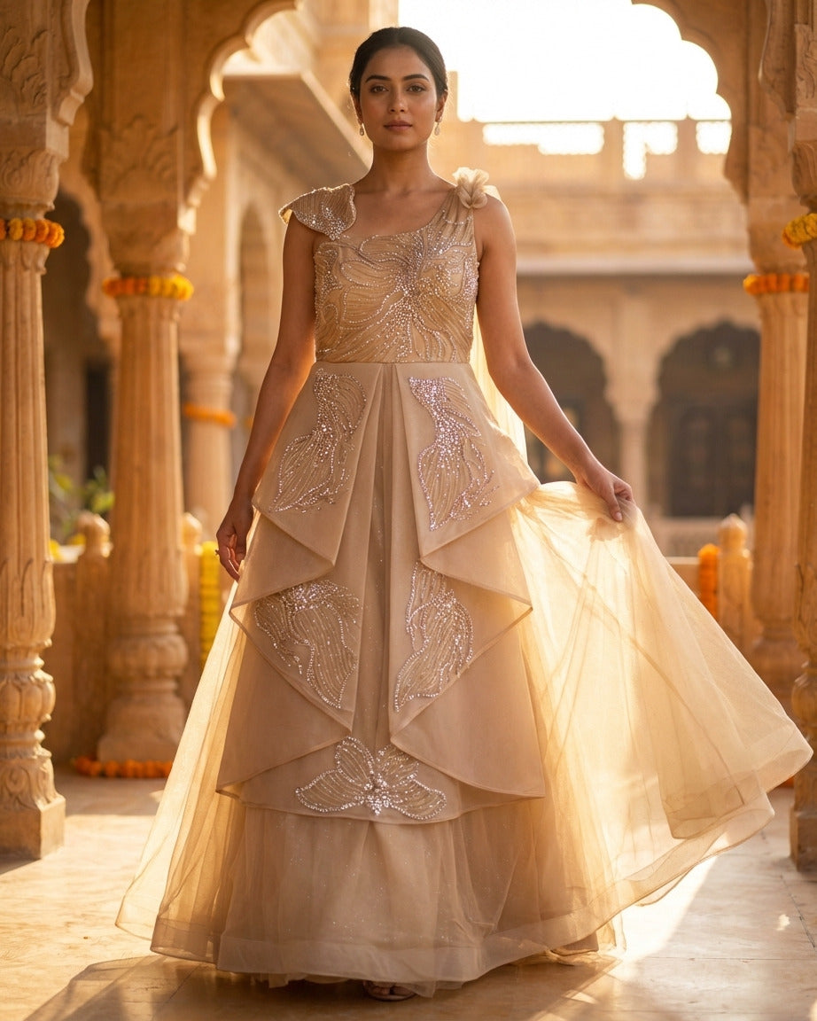 Golden net gown with katdana, pearl and sequin work, designer party wear gown from Chandni Chowk collection by Dilli 6 Online