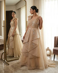 Golden net gown with katdana, pearl and sequin work, designer party wear gown from Chandni Chowk collection by Dilli 6 Online