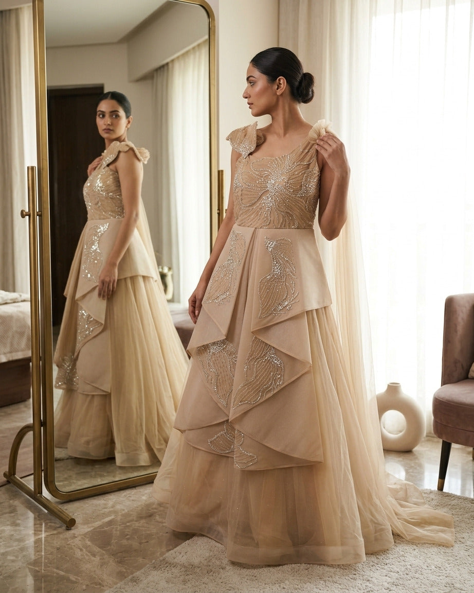 Golden net gown with katdana, pearl and sequin work, designer party wear gown from Chandni Chowk collection by Dilli 6 Online