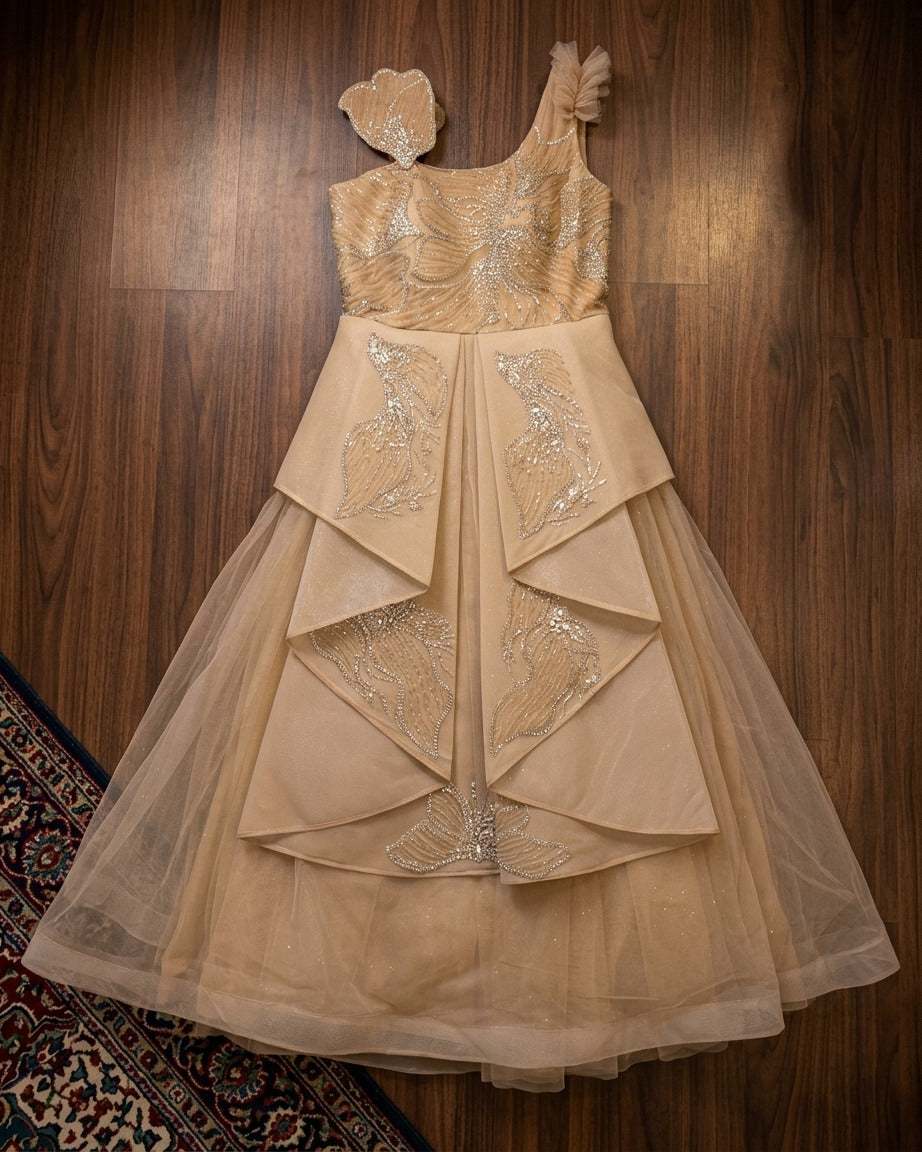 Golden net gown with katdana, pearl and sequin work, designer party wear gown from Chandni Chowk collection by Dilli 6 Online