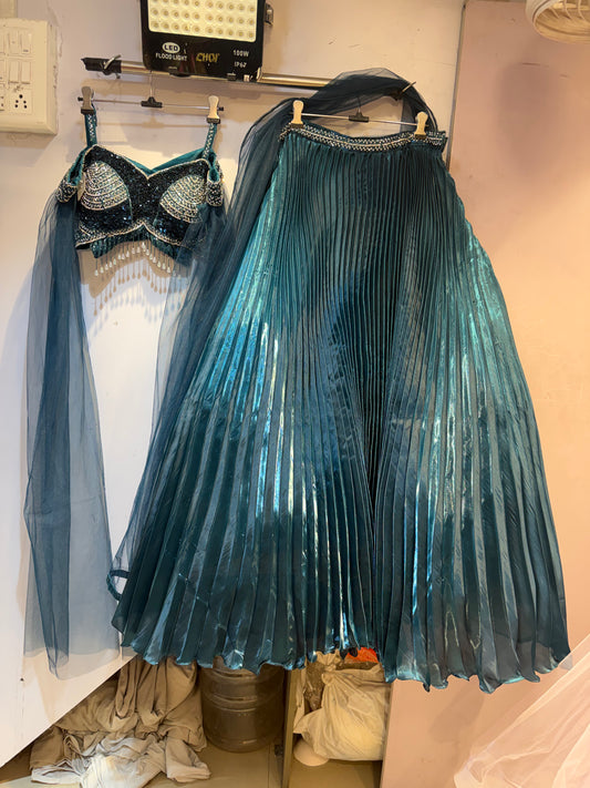 Handworked Crop Top with Pleated Skirt & Net Dupatta