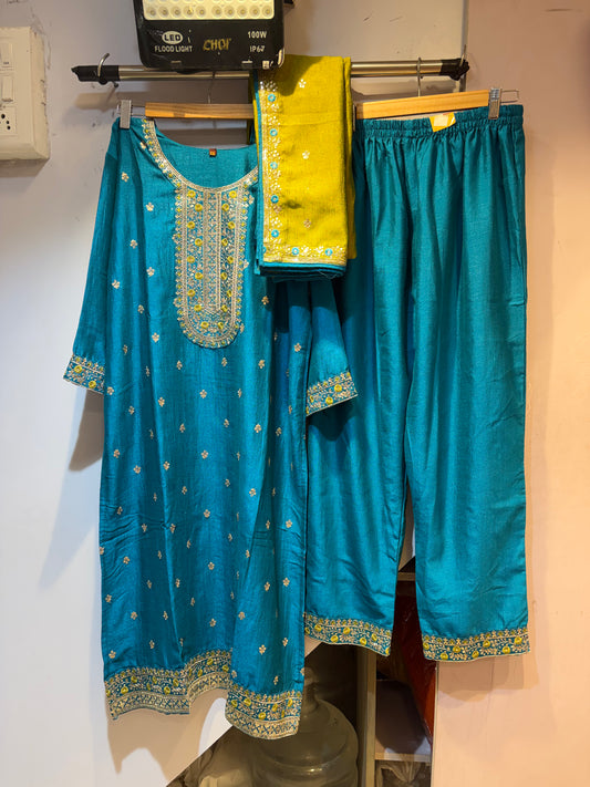 Blue Long Kurti with Plazo & Yellow Dupatta