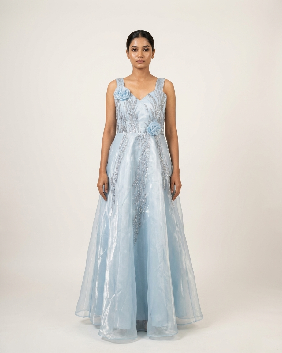 Ice blue sequin hand embroidered gown for women inspired by Chandni Chowk fashion, elegant party wear gown from Dilli 6 Online