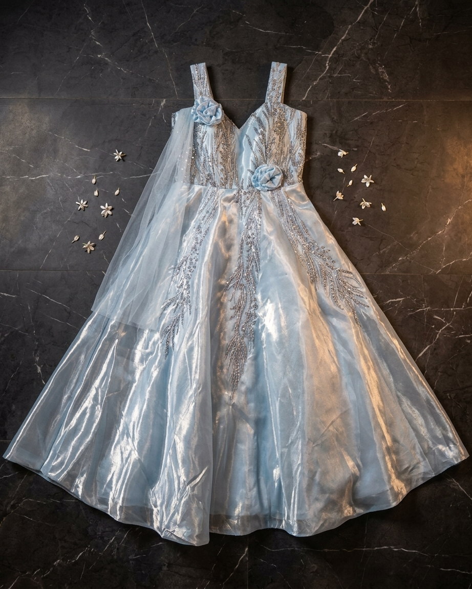 Ice blue sequin hand embroidered gown for women inspired by Chandni Chowk fashion, elegant party wear gown from Dilli 6 Online