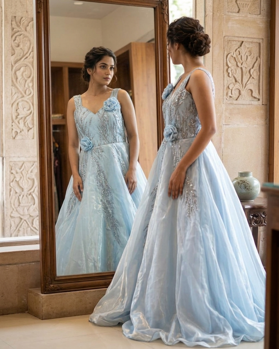 Ice blue sequin hand embroidered gown for women inspired by Chandni Chowk fashion, elegant party wear gown from Dilli 6 Online