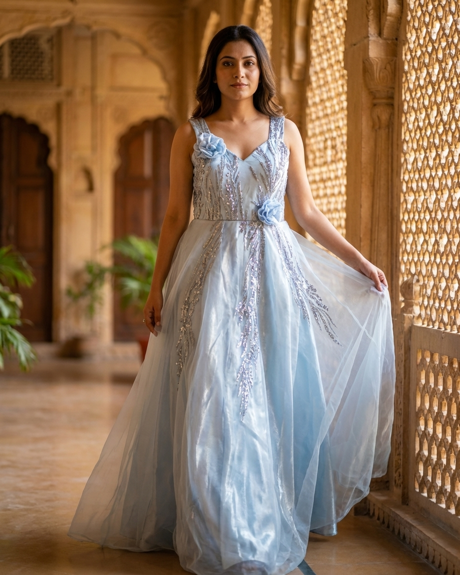 Ice blue sequin hand embroidered gown for women inspired by Chandni Chowk fashion, elegant party wear gown from Dilli 6 Online