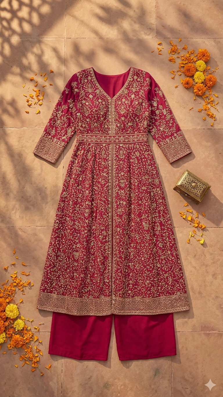 Anarkali plazo set in magenta color with Kashmiri embroidery for wedding and festive occasions
