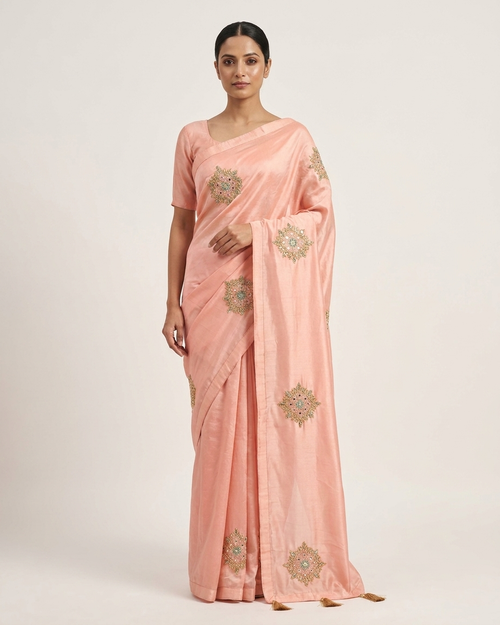 Baby pink chinon crepe saree with mirror and katdana work Chandni Chowk festive wear