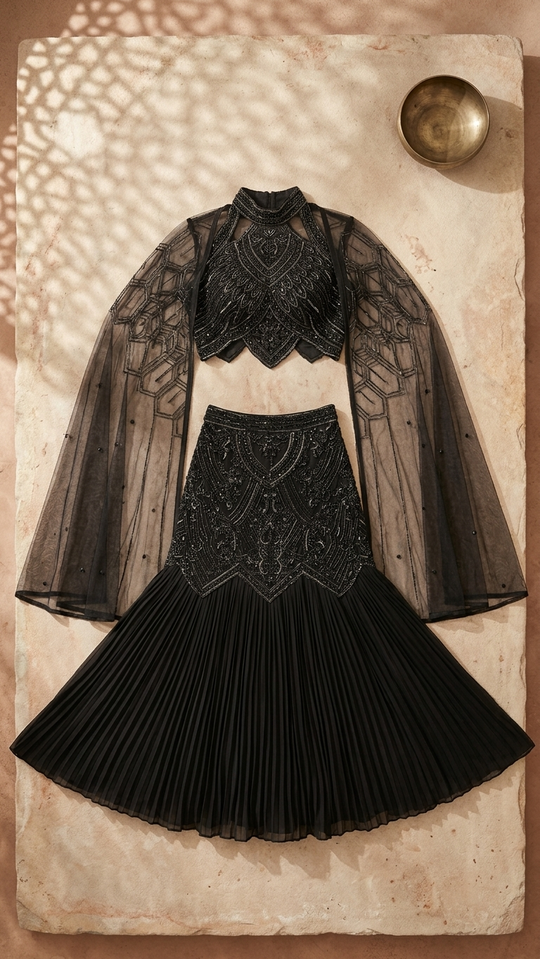 Black cape style gown stylish cocktail and reception wear for women India