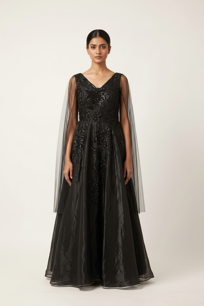 Black designer gown inspired by Chandni Chowk premium ethnic fashion