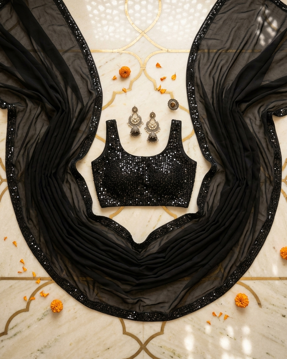 Black ready to wear saree inspired by Chandni Chowk modern ethnic fashion
