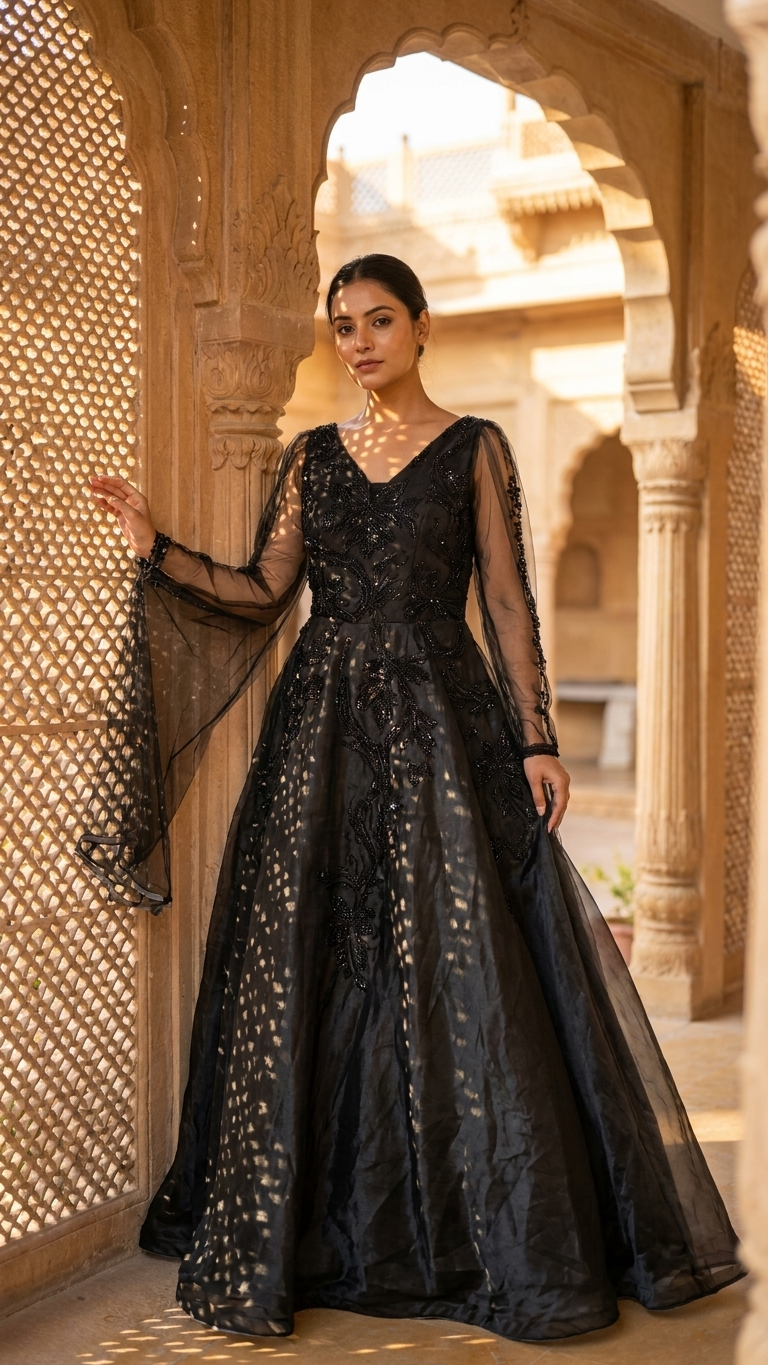 Black gown stylish cocktail and reception wear for women India