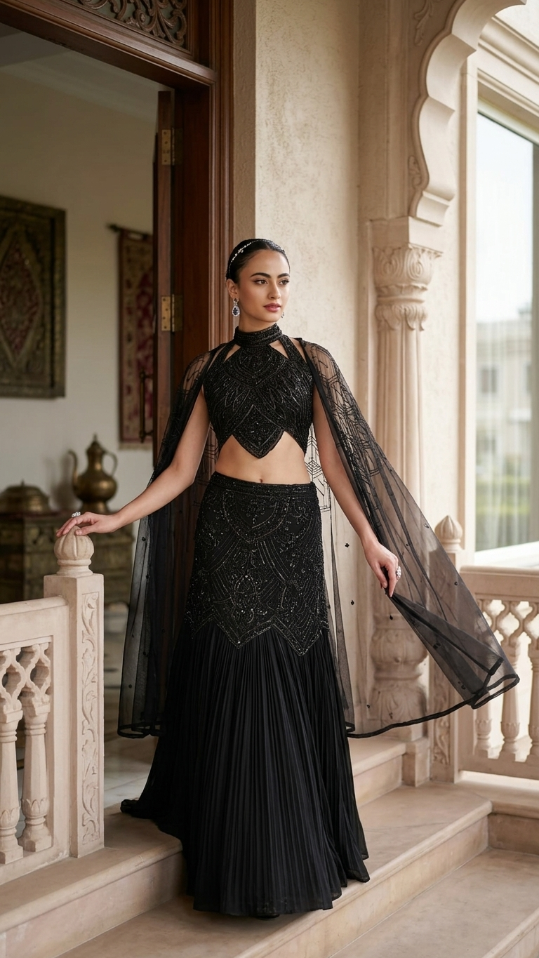 Black designer gown with cape sleeves and cutwork embroidery Chandni Chowk party wear