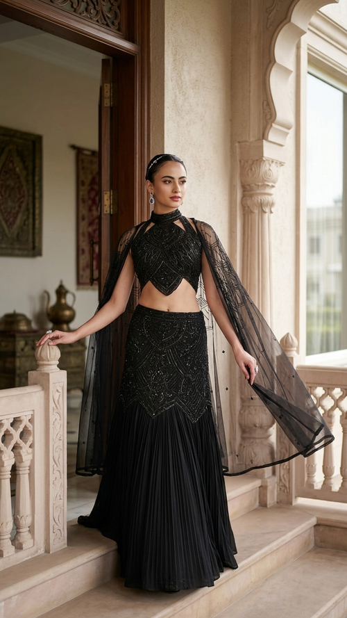 Black designer gown with cape sleeves and cutwork embroidery Chandni Chowk party wear
