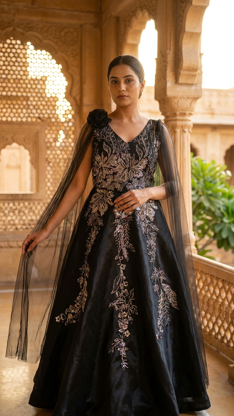 Black designer gown with multicolor sequin and zari embroidery Chandni Chowk party wear