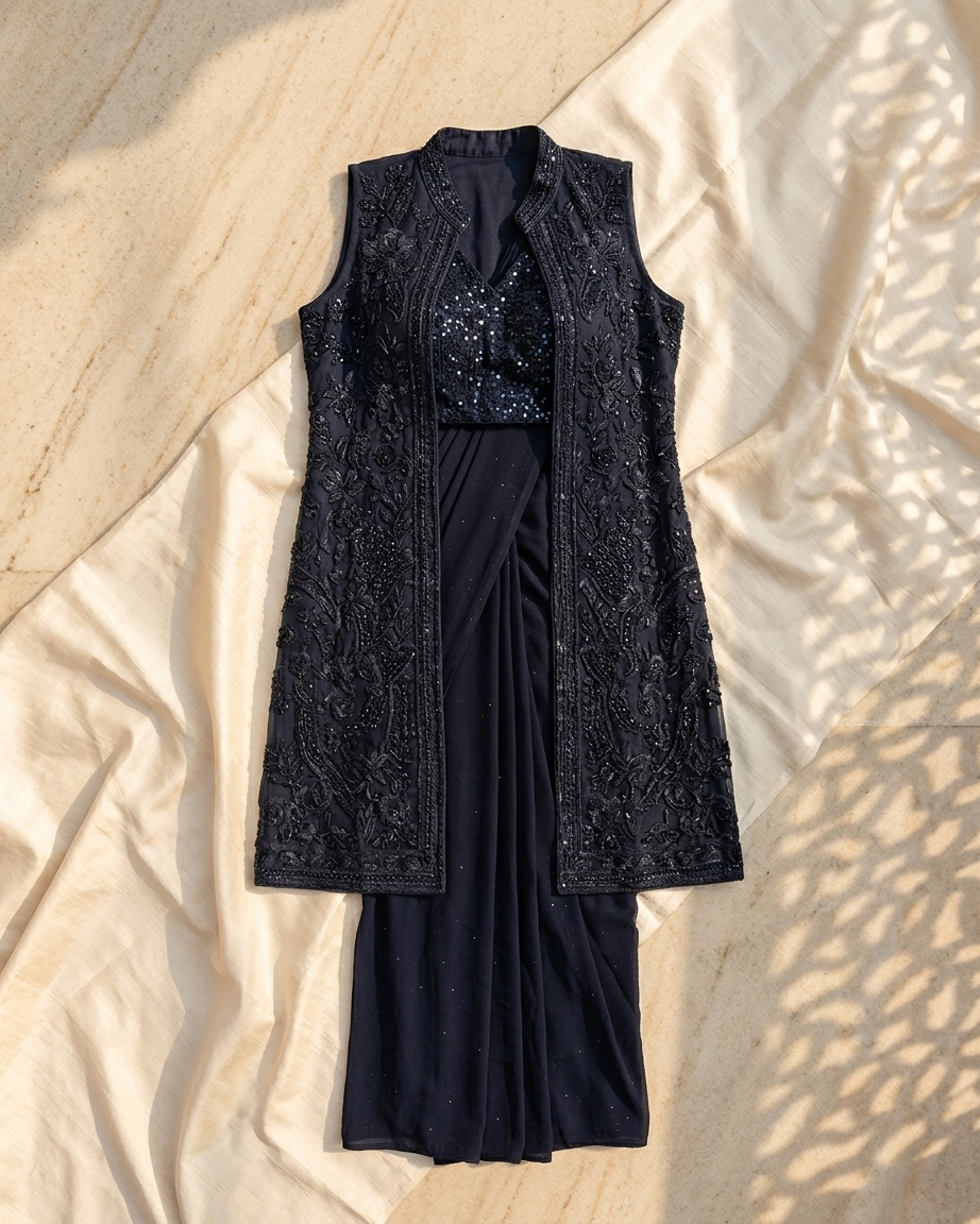 Black designer saree with jacket inspired by Chandni Chowk modern ethnic fashion