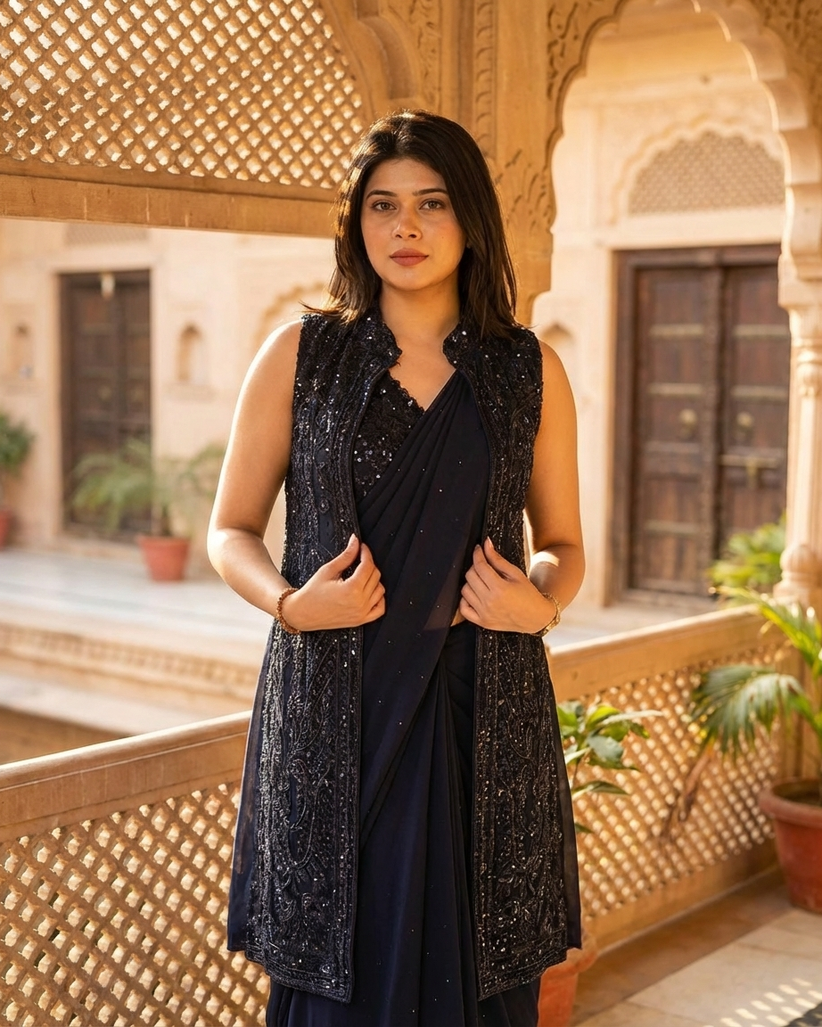 Black georgette saree with layered sequin jacket Chandni Chowk style fashion