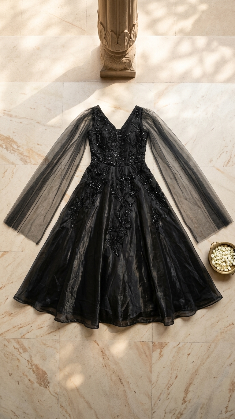 Black gown with bead work and net fabric elegant Chandni Chowk fashion
