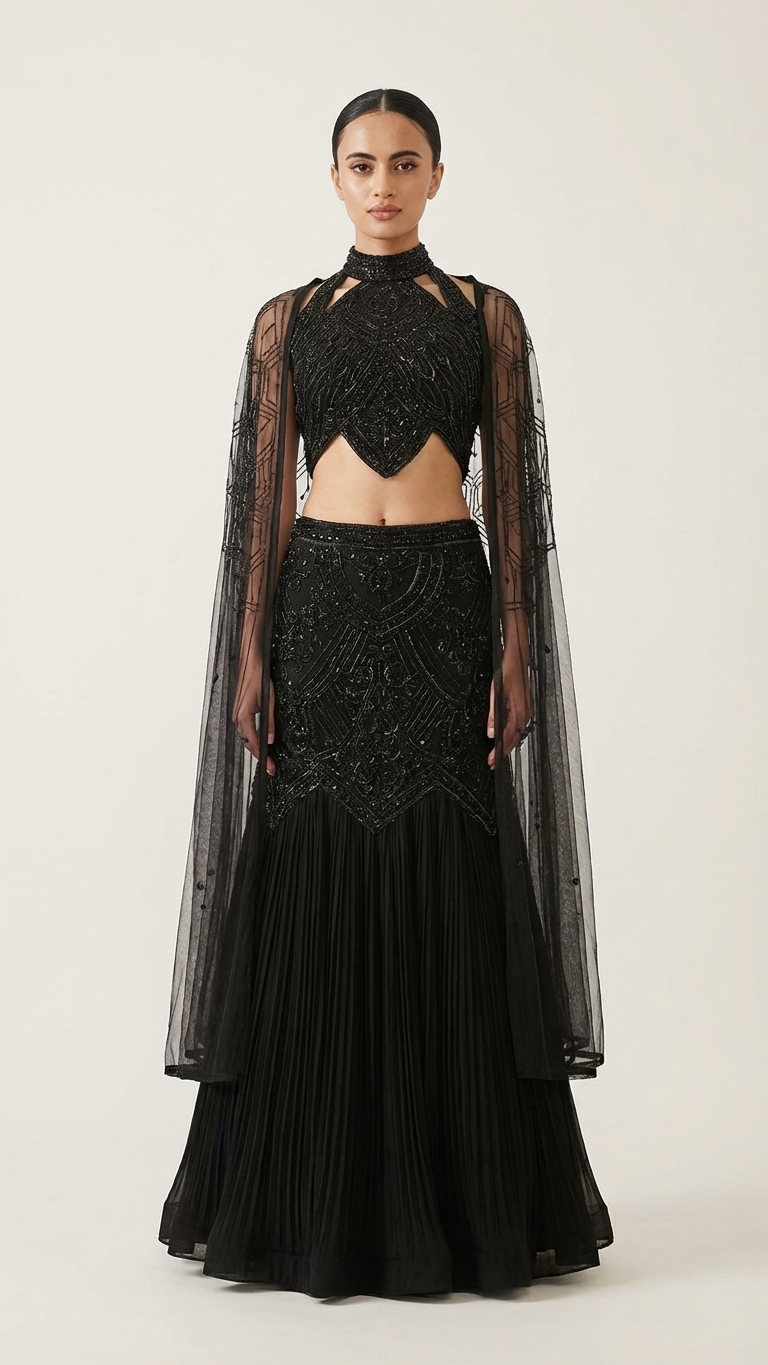 Black gown with cutwork and sequin embroidery Chandni Chowk style evening wear