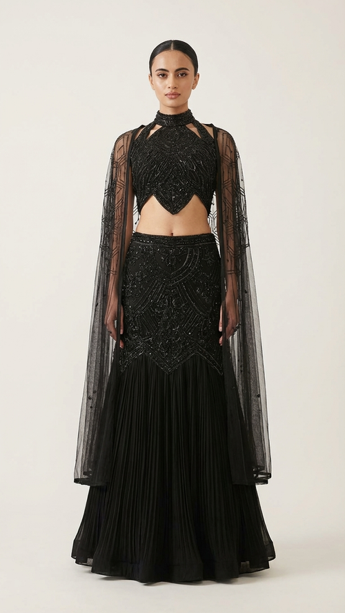 Black gown with cutwork and sequin embroidery Chandni Chowk style evening wear