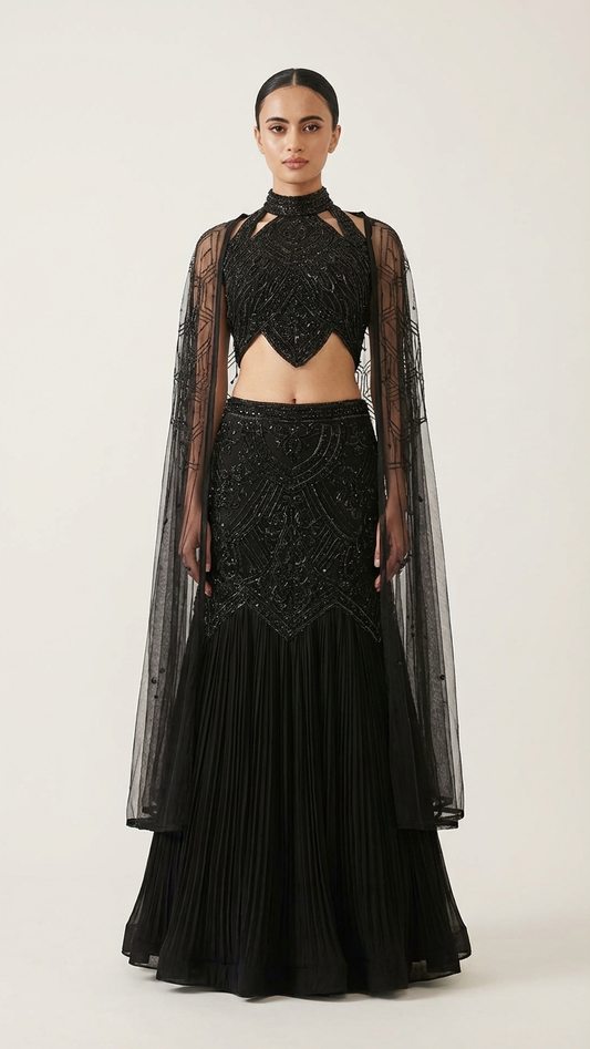 Black gown with cutwork and sequin embroidery Chandni Chowk style evening wear