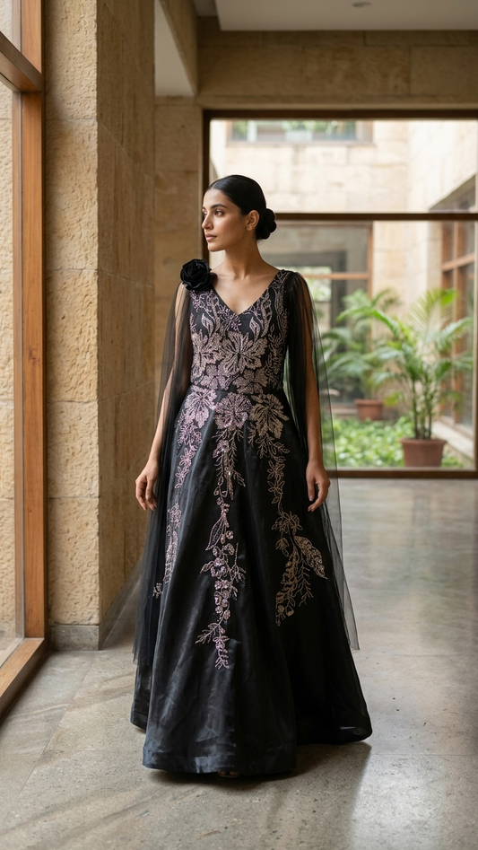 Black gown with net sleeves and zari embroidery elegant Chandni Chowk fashion