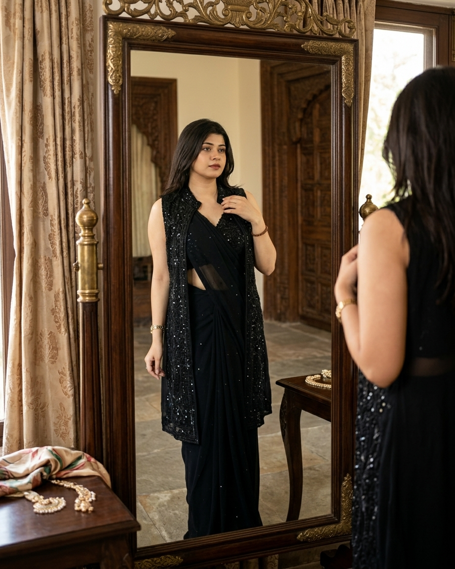 Black indo western saree with jacket stylish party wear for women India