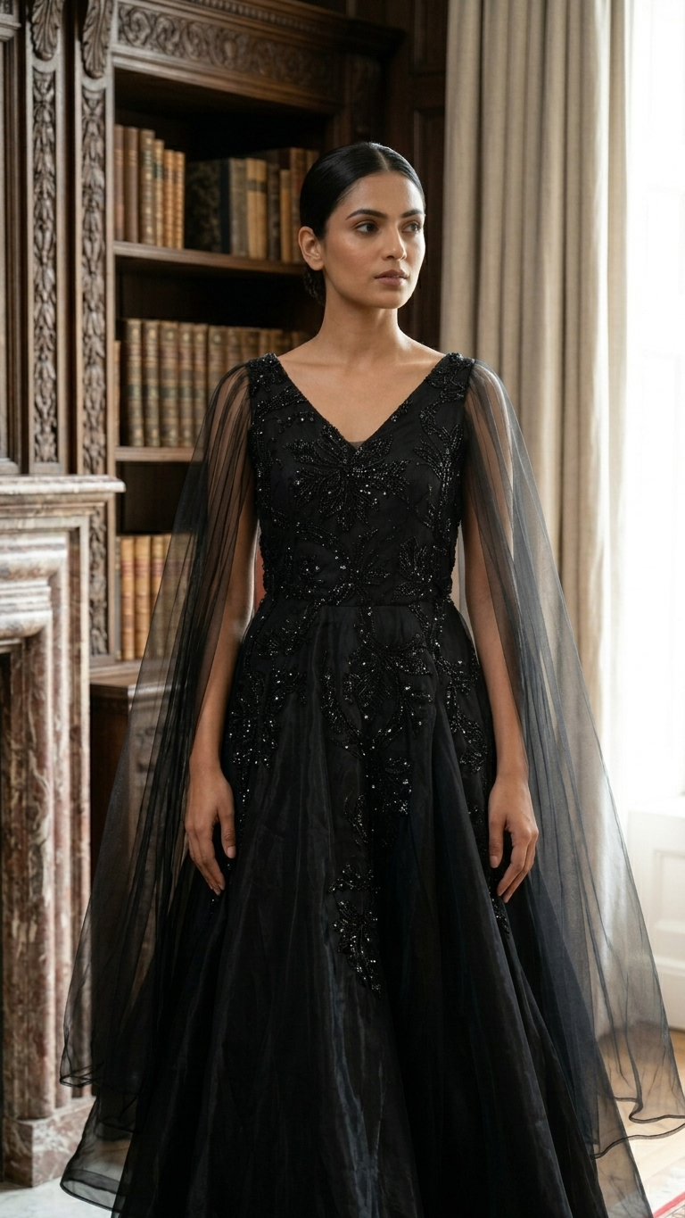 Black organza gown with sequin floral embroidery Chandni Chowk party wear for women