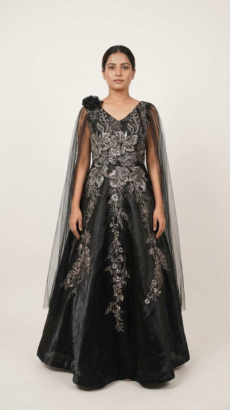 Black gown with multicolor embroidery stylish party wear for women India