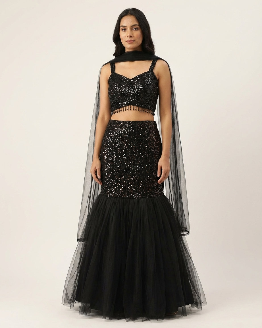 Black indo western lehenga stylish cocktail and party wear for women India