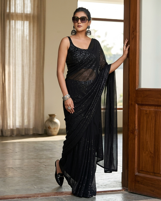 Black sequin georgette saree with shimmer work Chandni Chowk style fashion
