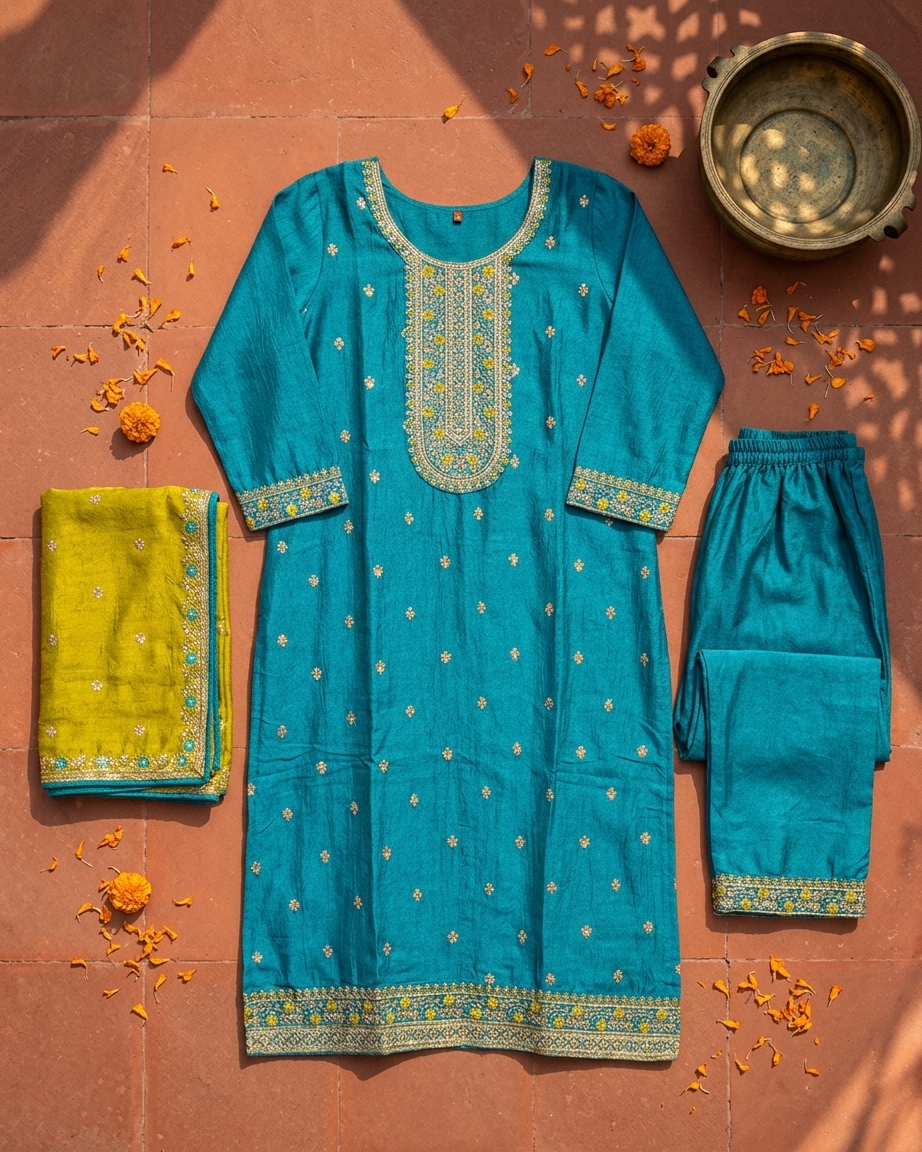 Blue festive kurti set with zari work comfortable traditional outfit for women India