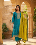 Blue kurti plazo set with yellow dupatta pitta zari work daily wear ethnic outfit India