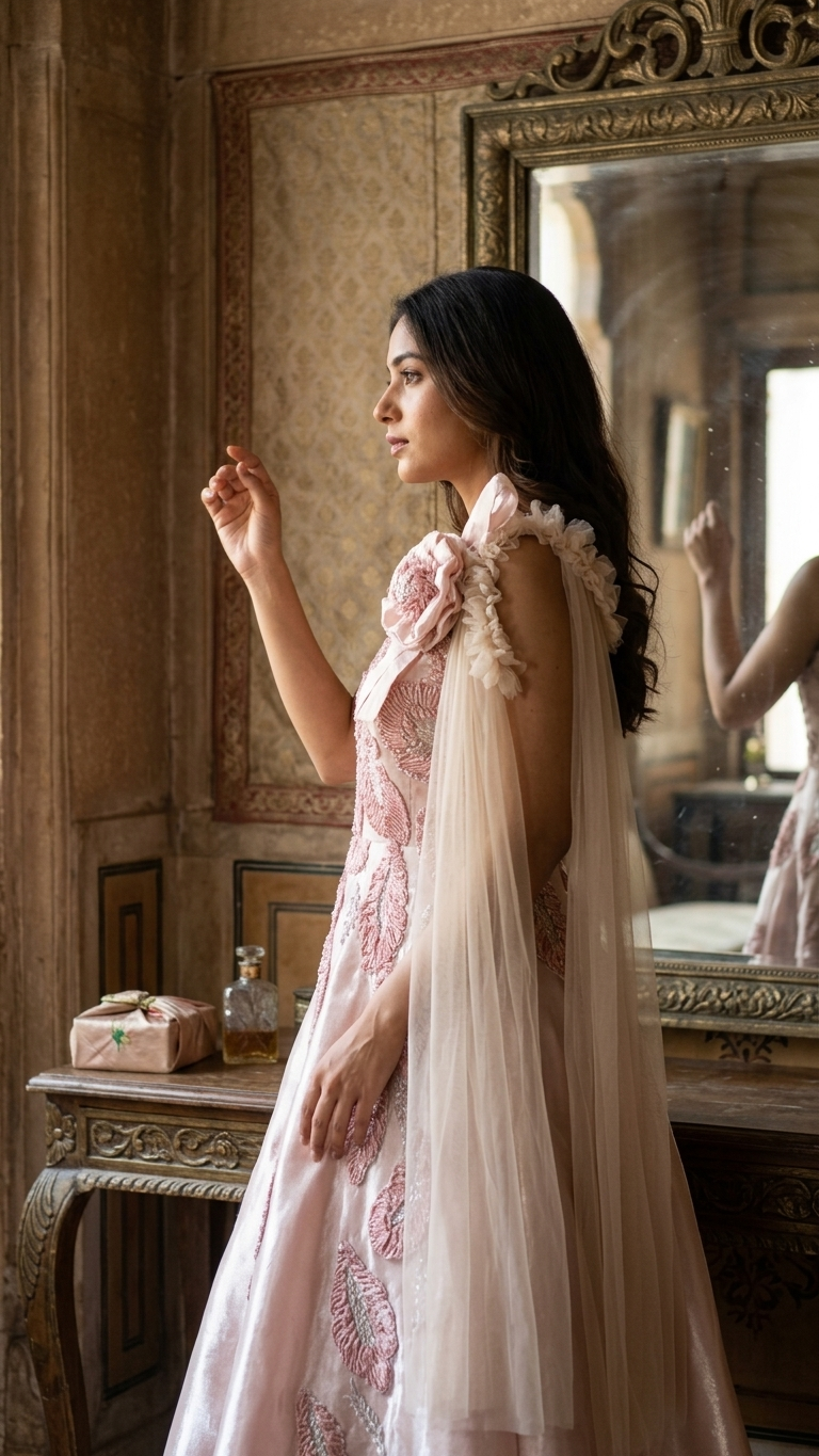 Blush pink designer gown with embroidery premium Chandni Chowk style evening outfit