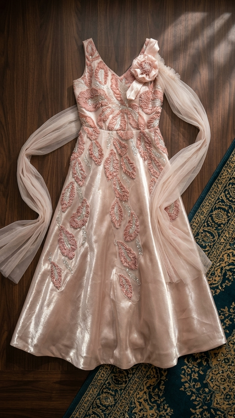 Blush pink satin and net gown with embroidery Chandni Chowk designer gown for women