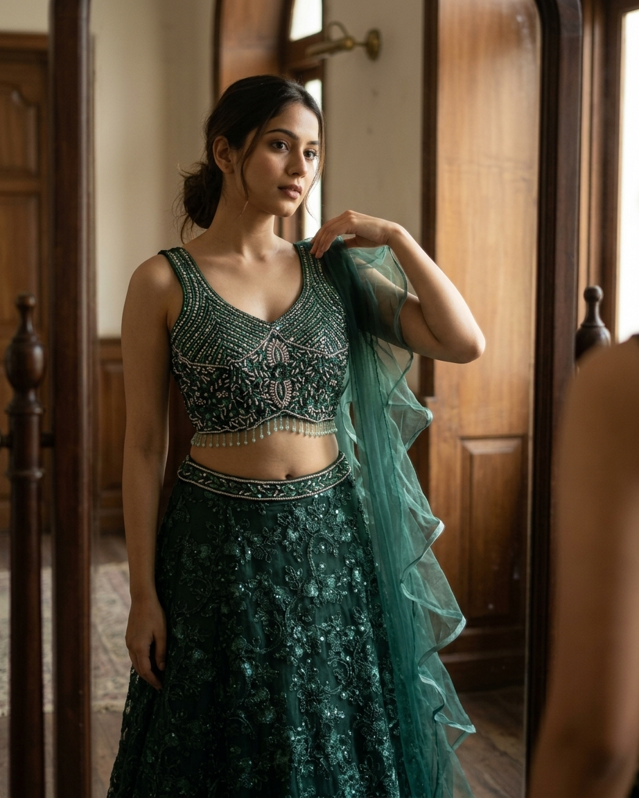 Bottle green lehenga with 3D floral embroidery Chandni Chowk wedding wear for women