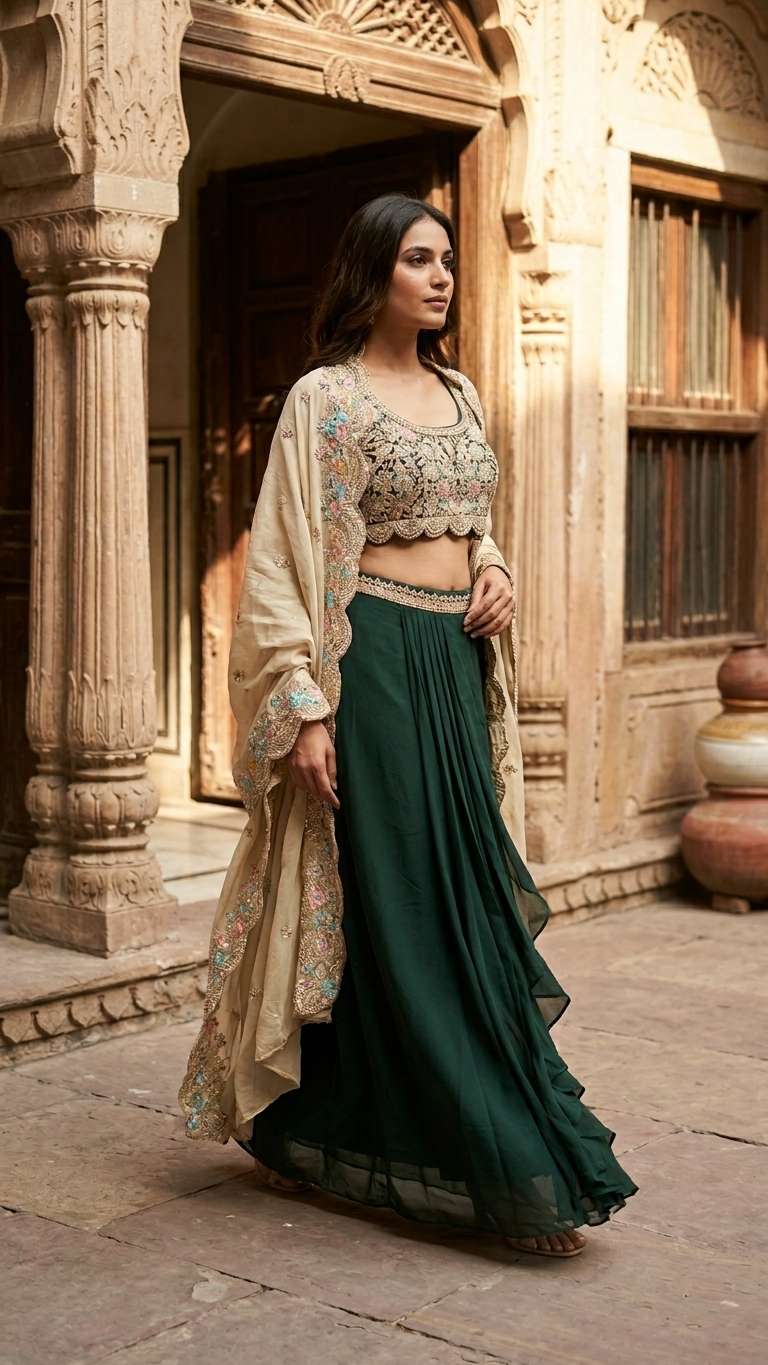 Bottle green beige indo western outfit with zari work Chandni Chowk festive wear for women