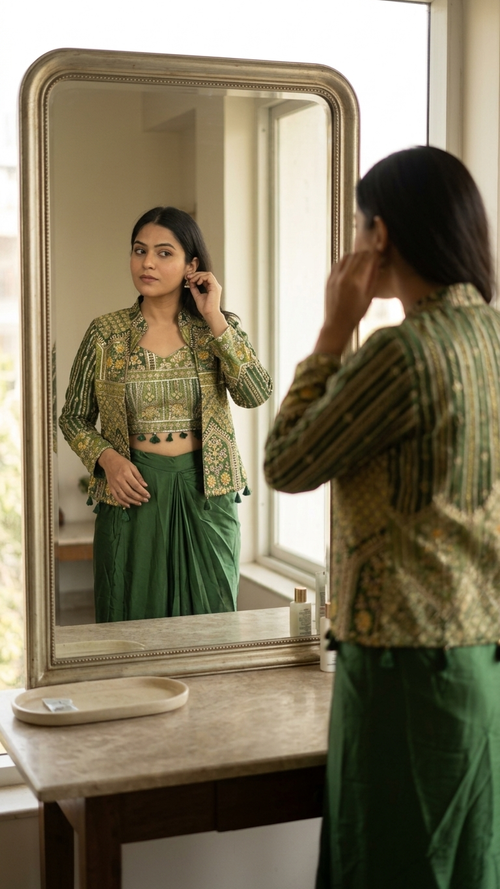 Bottle green brocade blouse with zari embroidery Chandni Chowk style fashion