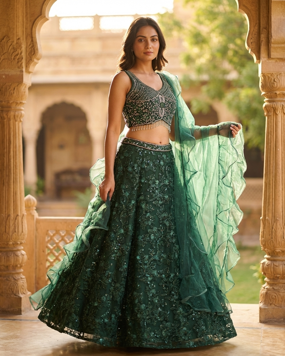 Bottle green designer lehenga inspired by Chandni Chowk premium fashion