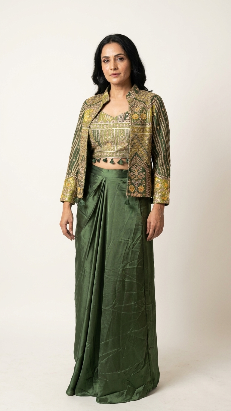 Bottle green fusion ethnic set inspired by Chandni Chowk modern fashion