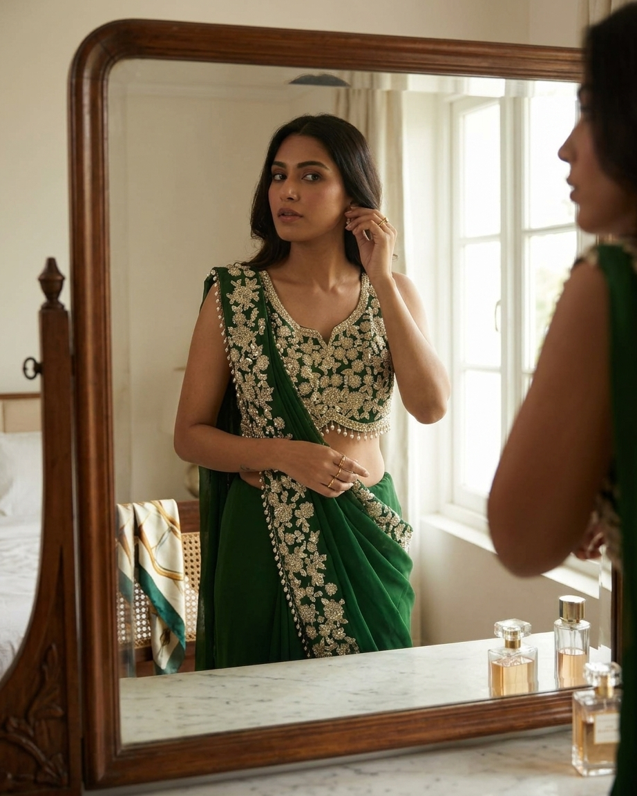 Bottle green saree inspired by Chandni Chowk traditional fashion for women