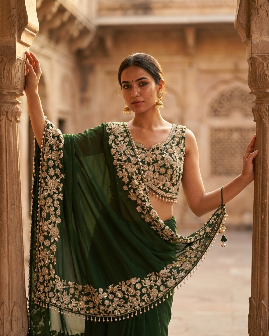 Bottle green georgette saree with floral embroidery Chandni Chowk festive wear for women