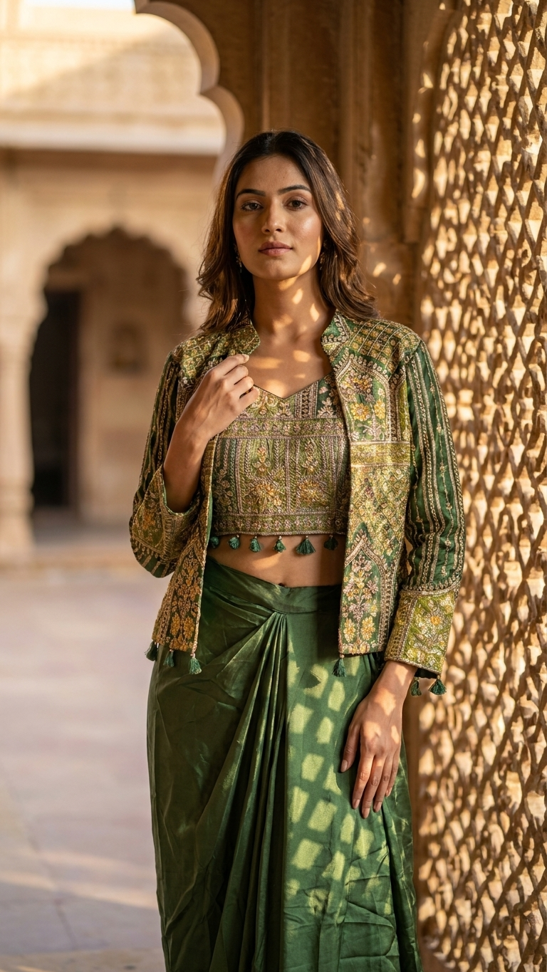 Bottle green indo western set with embroidered jacket Chandni Chowk festive wear for women