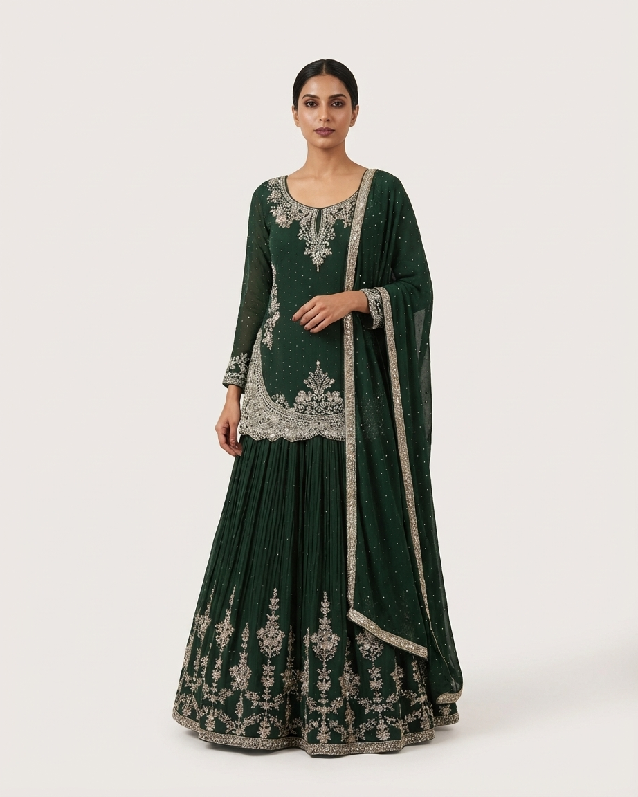 Bottle green indo western outfit with skirt and kurti thread work Swarovski style festive wear India