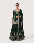 Bottle green indo western outfit with skirt and kurti thread work Swarovski style festive wear India