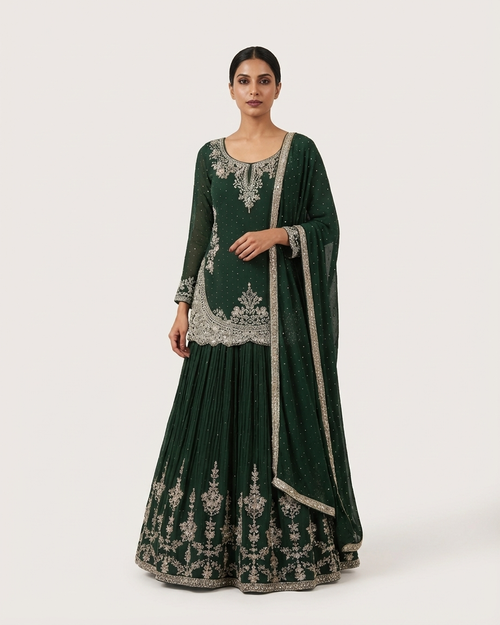 Bottle green indo western outfit with skirt and kurti thread work Swarovski style festive wear India