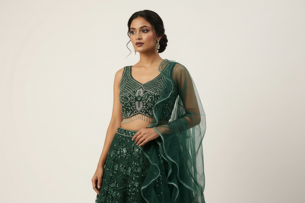 Bottle green lehenga with thread and sequin embroidery Chandni Chowk style fashion
