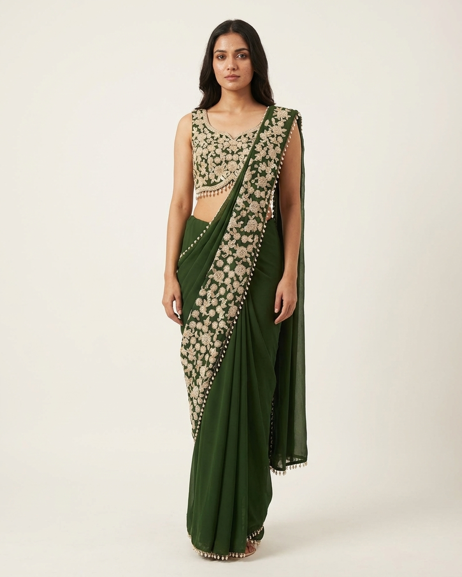 Bottle green saree with zari work and scalloped border Chandni Chowk style ethnic wear